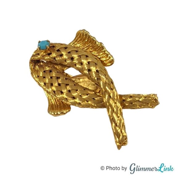 Vintage Modernist Fish Brooch – Woven Gold Tone Figural Pin Teal Rhinestone Eye - Picture 3 of 6
